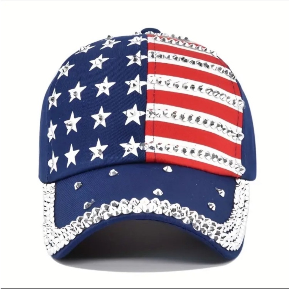 Blue Glittering Patriotic Rhinestone Baseball Cap - Adjustable, and UV Shielded.